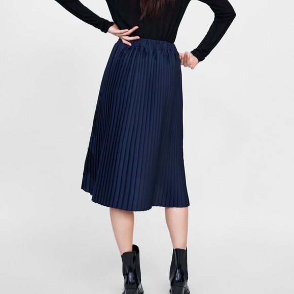 ZARA BLUE PLEATED MIDI SKIRT BLACK LACE DETAIL BRAND NEW WITH TAGS XS - Picture 6 of 9